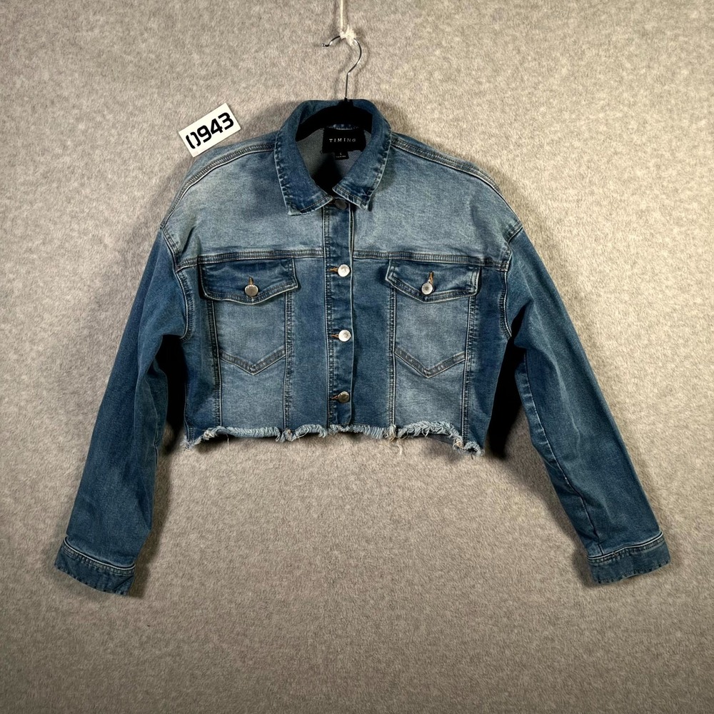 Timing Cropped Jacket Womens Small Blue Denim Stretch Frayed Hem Button Front